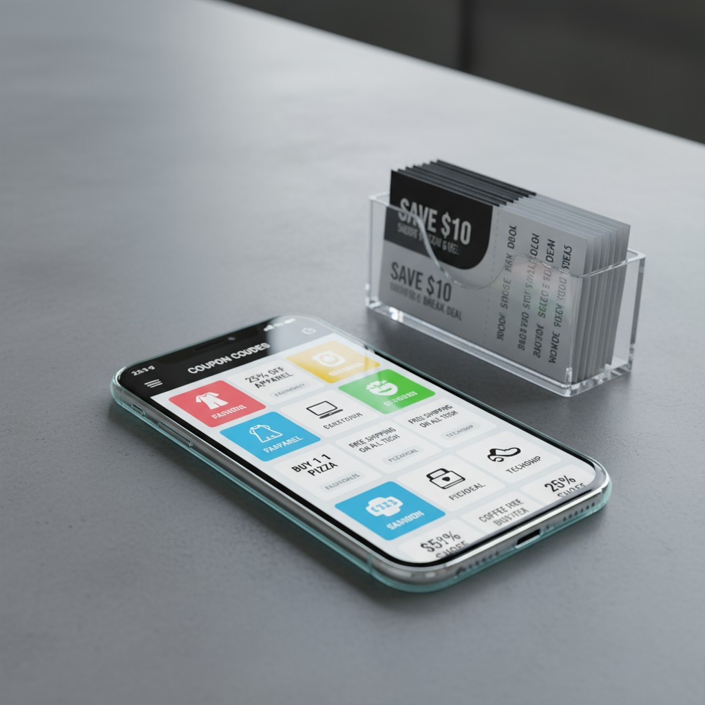 "Smartphone and a display card holder with coupons on a table".